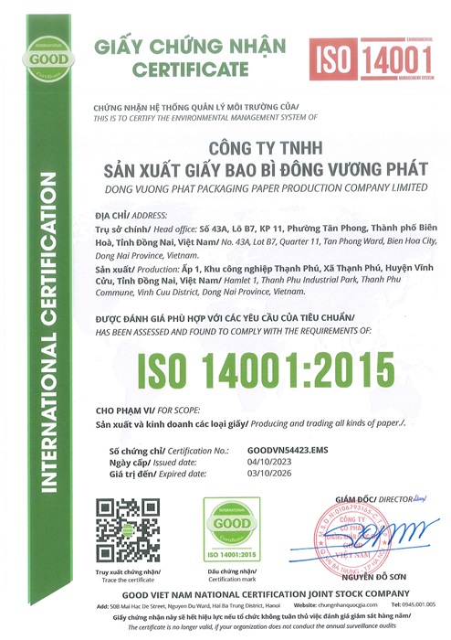 Chứng nhận ISO 14001:2015 - Công Ty TNHH Sản Xuất Giấy Bao Bì Đông Vương Phát